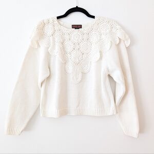 Vintage Cream Crochet Yoke Crewneck Sweater